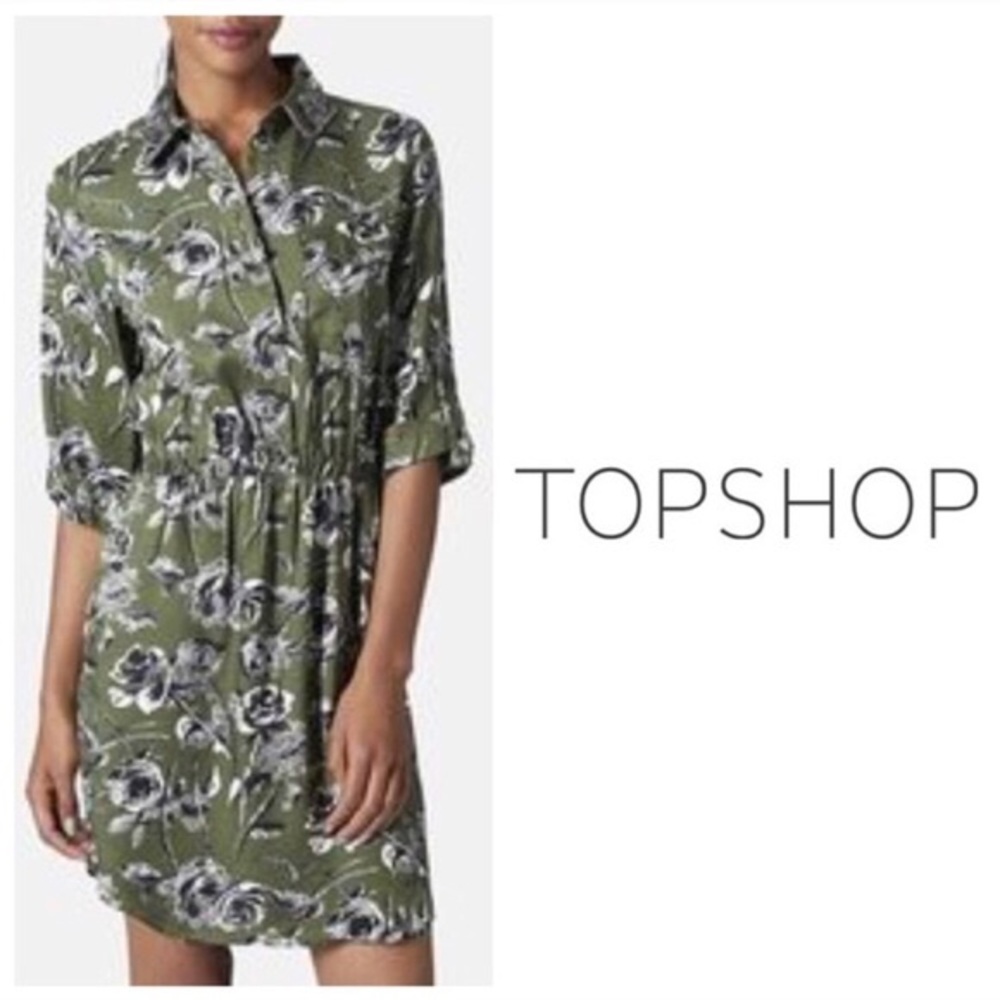 TopShop Olive Green Floral Print Shirt Dress